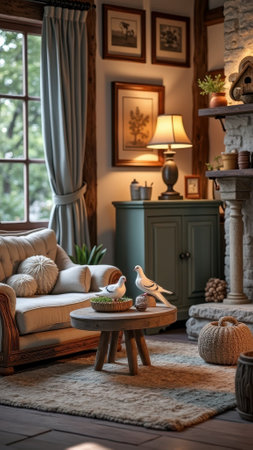 Cozy rustic living room with armchair, wooden furniture, and decorative birds. That the image is generated using AI.の素材