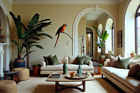 Elegant living room with greenery and vibrant parrot decor in luxurious interior. That the image is generated using AI.の素材
