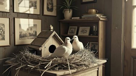 Two doves nesting in rustic indoor setting with wooden birdhouse and vintage decor. That the image is generated using AI.の素材