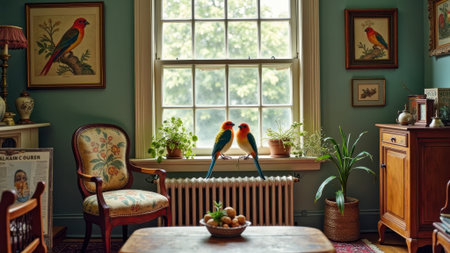 Cozy vintage living room with parrots and indoor plants by sunlit window. That the image is generated using AI.の素材
