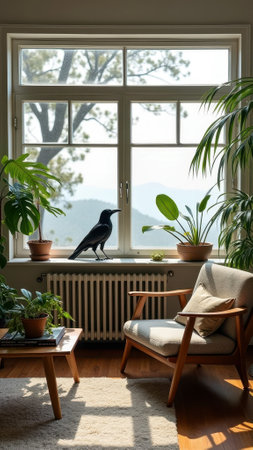 Cozy living room with indoor plants and black raven on windowsill. That the image is generated using AI.の素材