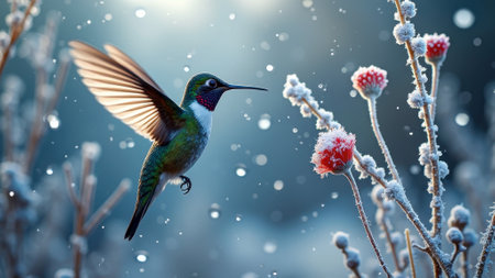 Hummingbird in winter scene with frosted flowers and falling snowflakes. That the image is generated using AI.の素材
