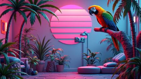 Vibrant parrot in retro tropical room with neon lights and palm trees. That the image is generated using AI.の素材