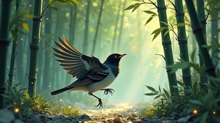 Bird in enchanted bamboo forest with glowing light in peaceful natural setting. That the image is generated using AI.の素材