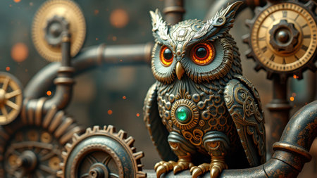 Steampunk owl sculpture with gears and intricate metallic design. That the image is generated using AI.の素材