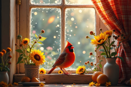 Vibrant cardinal on cozy windowsill with sunflowers and lemons in sunlit room. That the image is generated using AI.の素材