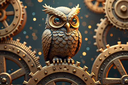 Steampunk owl statue with intricate gears and sparkling lights. That the image is generated using AI.の素材