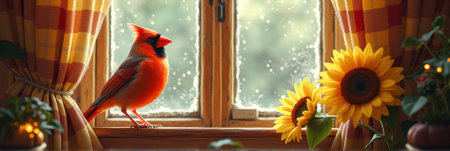 Vibrant cardinal and sunflowers on a snowy day by a window. That the image is generated using AI.の素材