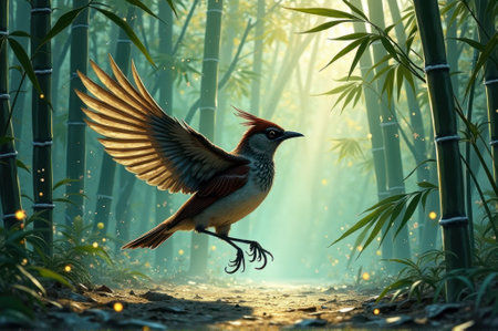 Enchanting bird with spread wings flying through mystical bamboo forest. That the image is generated using AI.の素材