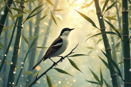 Bird perched on bamboo branch with sunlight and snowflakes. That the image is generated using AI.の素材