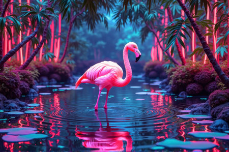Vibrant flamingo in neon-lit tropical paradise. That the image is generated using AI.の素材