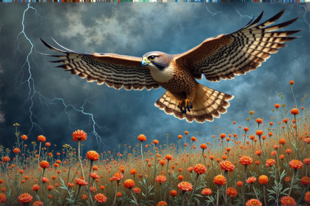 Majestic hawk soaring over vibrant wildflower field during thunderstorm. That the image is generated using AI.の素材