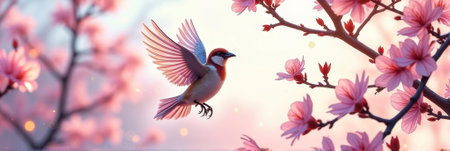 Vibrant bird in flight amidst blossoming cherry blossoms at sunrise. That the image is generated using AI.の素材