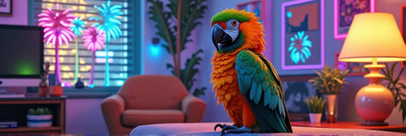 Vibrant macaw parrot in neon-lit room with modern decor and tropical vibes. That the image is generated using AI.の素材
