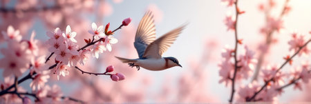 Bird in flight among beautiful cherry blossoms in springtime. That the image is generated using AI.の素材