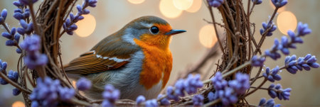 Close-up of a robin perched in a lavender wreath with soft bokeh background. That the image is generated using AI.の素材