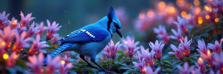 Blue jay perched amidst vibrant pink flowers in a dreamy garden setting. That the image is generated using AI.の素材