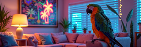 Vibrant parrot in neon-lit living room with tropical decor and plants. That the image is generated using AI.の素材
