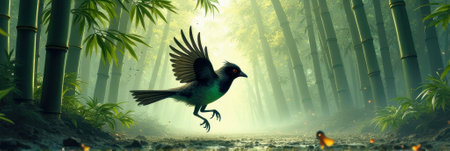 Black bird in enchanting bamboo forest with glowing fireflies at dawn. That the image is generated using AI.の素材