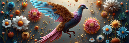 Colorful fantasy bird surrounded by vibrant paper-inspired blossoms and petals. That the image is generated using AI.の素材