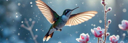 Hummingbird in flight amid snowy blossoms: nature's grace in motion. That the image is generated using AI.の素材