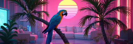 Vibrant parrot in neon tropical living room with palm trees and retro sun. That the image is generated using AI.の素材