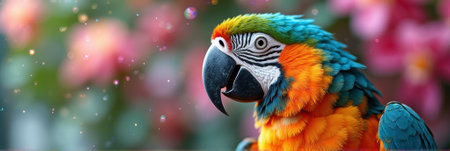 Colorful macaw parrot amidst vibrant blossoms with sparkling light effects. That the image is generated using AI.の素材