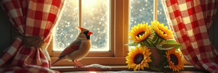Female cardinal on snowy windowsill with sunflowers and checkered curtains. That the image is generated using AI.の素材