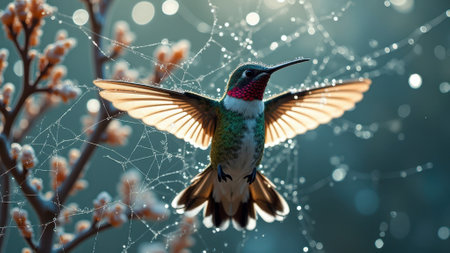 Hummingbird in flight among dew-kissed spiderwebs and blossoms. That the image is generated using AI.の素材