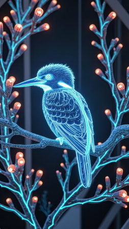 Neon bird illustration on glowing branches with bright lights. That the image is generated using AI.の素材