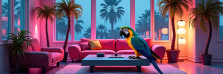 Vibrant parrot in tropical themed room with neon lighting and palm trees. That the image is generated using AI.の素材