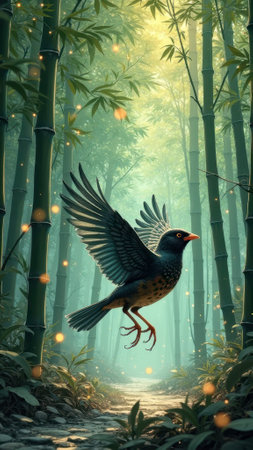 Majestic bird in enchanting bamboo forest with sunlight and fireflies. That the image is generated using AI.の素材