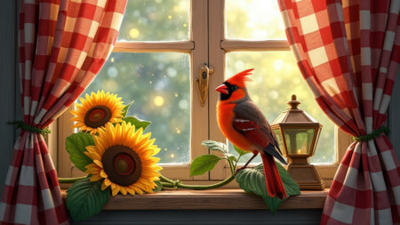 Red cardinal and sunflowers on windowsill with gingham curtains. That the image is generated using AI.の素材