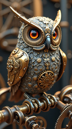 Intricate steampunk owl sculpture with mechanical details and metal accents. That the image is generated using AI.の素材