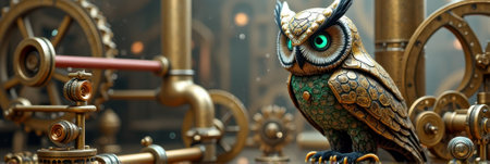 Intricate steampunk owl with gears and brass elements in industrial setting. That the image is generated using AI.の素材