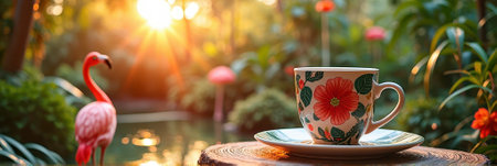 Floral teacup in lush garden with flamingo at sunset. That the image is generated using AI.の素材