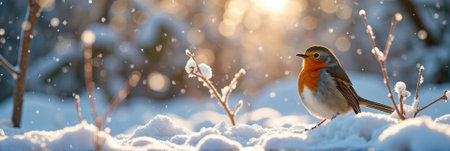 Robin in winter wonderland: snowy landscape with sunlit bird. That the image is generated using AI.の素材