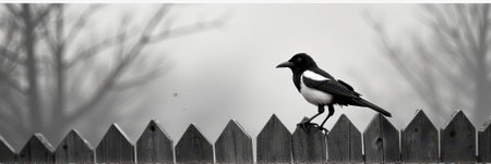 Black and white magpie perched on wooden fence in foggy landscape. That the image is generated using AI.の素材