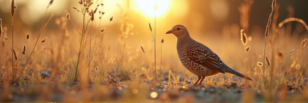 Speckled bird in sunlit grassland during golden hour at sunset. That the image is generated using AI.の素材