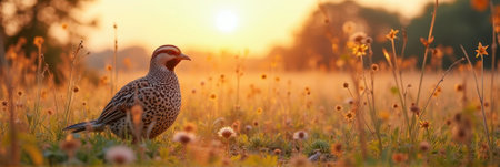 Speckled bird in sunlit meadow at dawn with wildflowers and golden glow. That the image is generated using AI.の素材
