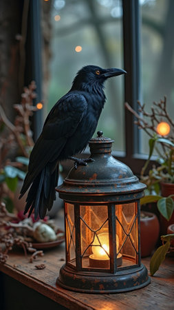 Black raven perched on lantern amidst cozy indoor setting with plants. That the image is generated using AI.の素材