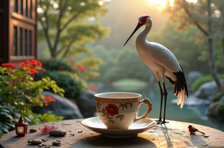 Serene morning in Japanese garden with teacup and crane by tranquil pond. That the image is generated using AI.の素材