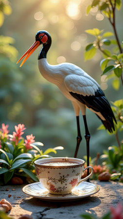 Elegant stork and floral teacup in sunlit garden setting. That the image is generated using AI.の素材