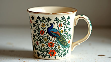 Ornate ceramic mug with colorful peacock and floral design. That the image is generated using AI.の素材