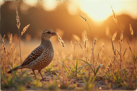 Sunset scene with spotted bird amidst grassy meadow. That the image is generated using AI.の素材