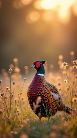 Colorful pheasant in sunlit meadow surrounded by wildflowers at sunset. That the image is generated using AI.の素材