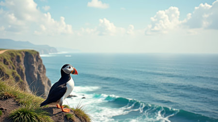 Puffin on cliff overlooking ocean waves under cloudy sky. That the image is generated using AI.の素材
