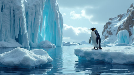 Emperor penguin stands on iceberg amidst arctic glacier landscape. That the image is generated using AI.の素材