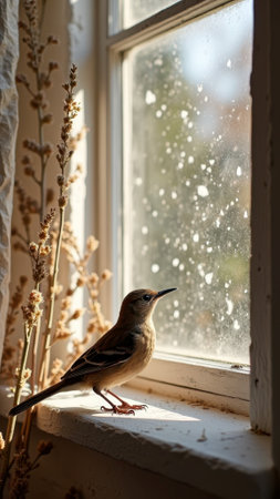 Sparrow perched on windowsill with sunlight and dried flowers. That the image is generated using AI.の素材