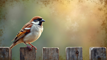 Sparrow perched on weathered wooden fence with soft bokeh background. That the image is generated using AI.の素材